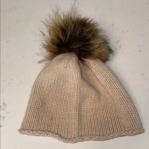 Cozy Tan Knit Beanie with Faux Fur Pom
